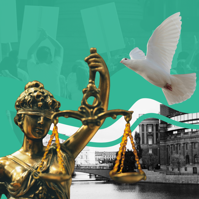 Kvinna som förmedlar rättvisa (justice), en vit fågel och riksdagshuset.