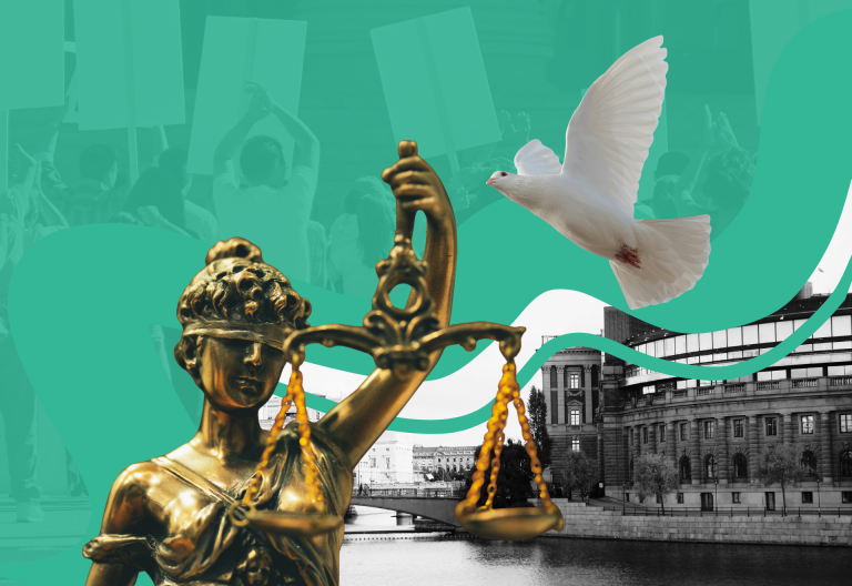 Kvinna som förmedlar rättvisa (justice), en vit fågel och riksdagshuset.