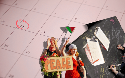 Kalender, händer som skriver under en insaling och två personer som håller en skylt som säger Peace