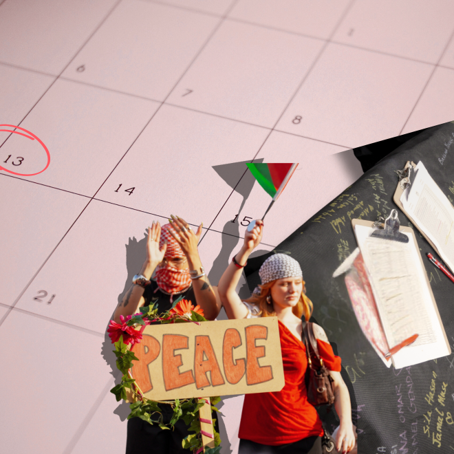 Kalender, händer som skriver under en insaling och två personer som håller en skylt som säger Peace