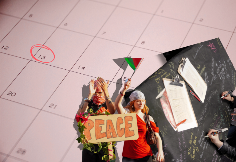 Kalender, händer som skriver under en insaling och två personer som håller en skylt som säger Peace