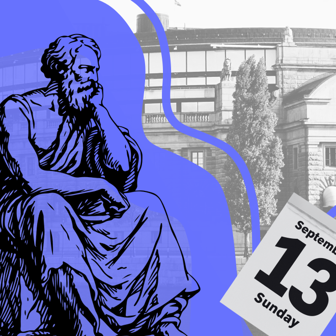 En grekisk gud som sitter och tänker framför riksdagen.