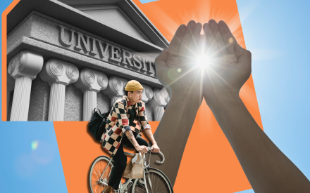 Bild på ett gammalt universitet, person på cykel och händer som håller fram solen