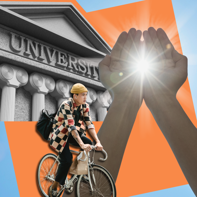 Bild på ett gammalt universitet, person på cykel och händer som håller fram solen