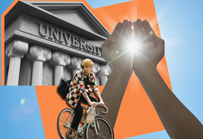Bild på ett gammalt universitet, person på cykel och händer som håller fram solen