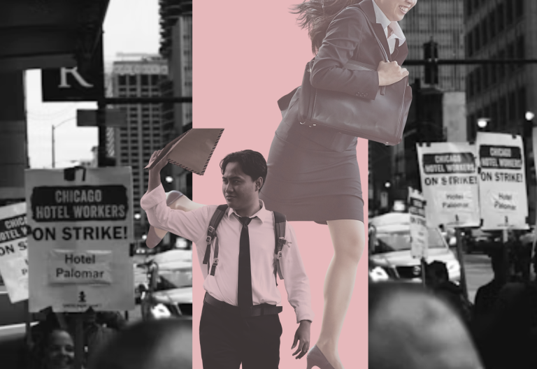 Svart-vit strejk protest. Två personer som springer och ena håller upp ett papper i luften.