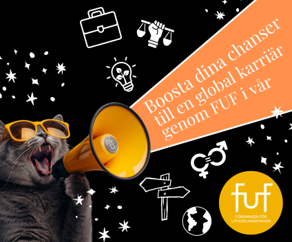 FUF Karriärpaket. Katt med solglasögon och megafon. Svart bakgrund.