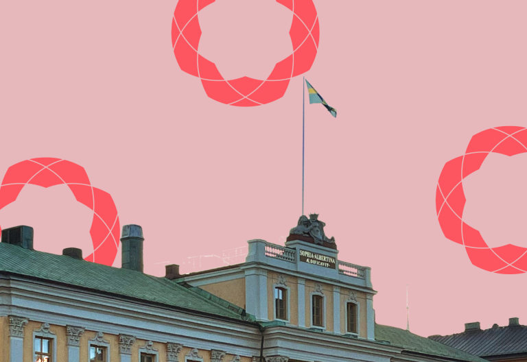 Rosa bakgrund, röda kringlor och Utrikesdepartementets byggnad