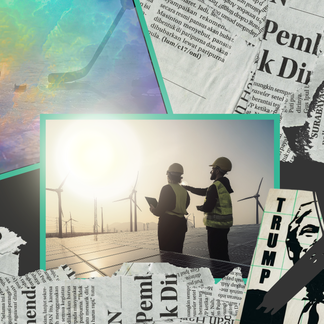 Personer som pekar mot sol vid solceller, hockeyklubbor i färgglada fäger, fot som trampar på Trump och tidningsblad i bakgrunden.