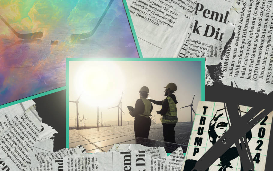 Personer som pekar mot sol vid solceller, hockeyklubbor i färgglada fäger, fot som trampar på Trump och tidningsblad i bakgrunden.