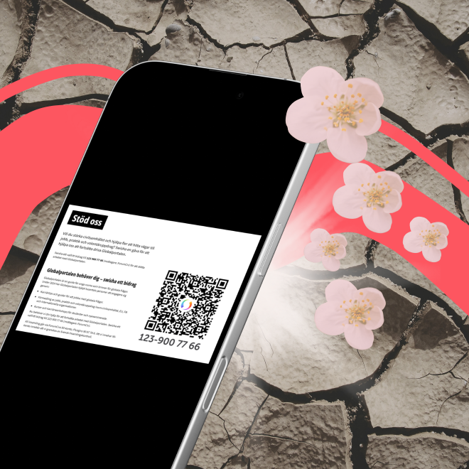 Telefon med Swish logga på. I bakgrunden sprucken torr mark, blommor och ljus bakom telefonen.