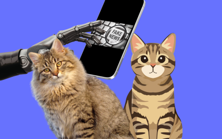 En riktig katt och en animerad katt. I bakgrunden en telefon med fake news och en robothand