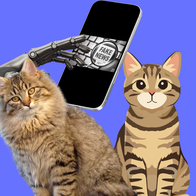En riktig katt och en animerad katt. I bakgrunden en telefon med fake news och en robothand