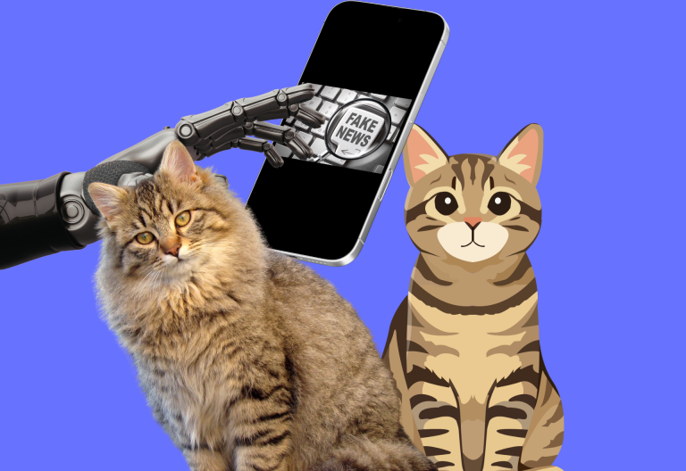 En riktig katt och en animerad katt. I bakgrunden en telefon med fake news och en robothand