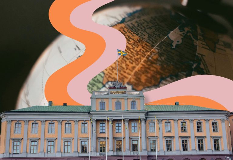 utrikesdepartementets byggnad i förgrunden med jordglob i bakgrunden