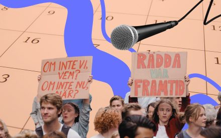 Kollage med demonstranter en mikrofon och i bakgrunden en papperkalender med datum.