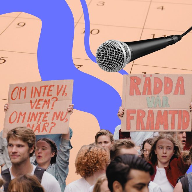 Kollage med demonstranter en mikrofon och i bakgrunden en papperkalender med datum.