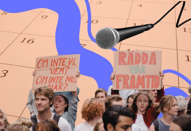 Kollage med demonstranter en mikrofon och i bakgrunden en papperkalender med datum.