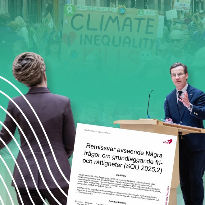 Politiker debatterar i kammaren. I förgrunden syns ett remissvar från RFSU och i bakgrunden demonstrerar människor.