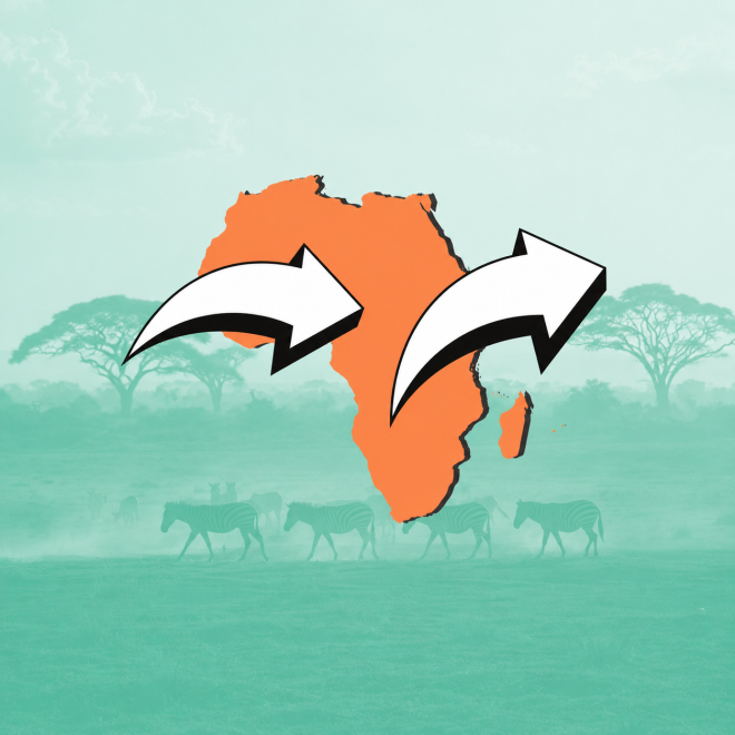 Karta över Afrika med två vita pilar mot en dimmig savannbakgrund.