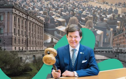 Bildmontage: Riksdagshuset, ledamöter i plenum och talmannen Anders Norlén.