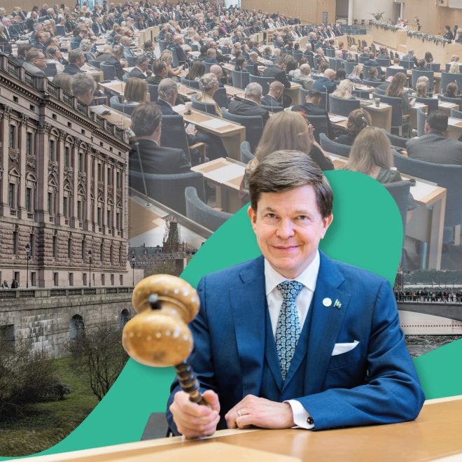 Bildmontage: Riksdagshuset, ledamöter i plenum och talmannen Anders Norlén.