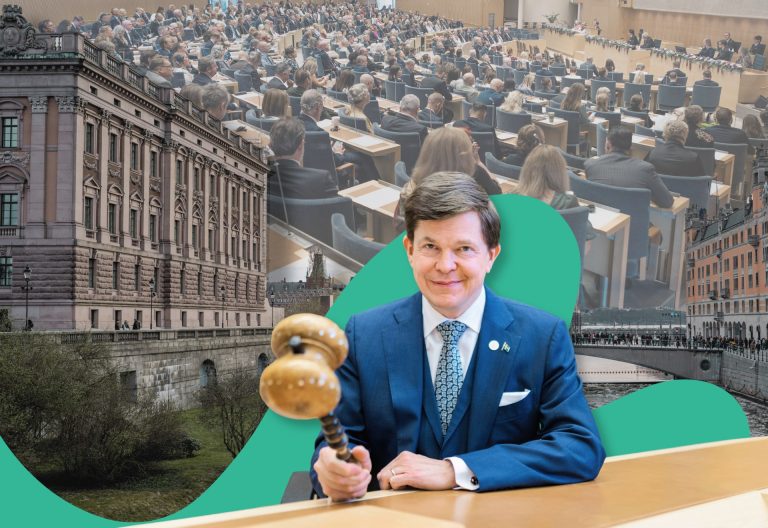 Bildmontage: Riksdagshuset, ledamöter i plenum och talmannen Anders Norlén.
