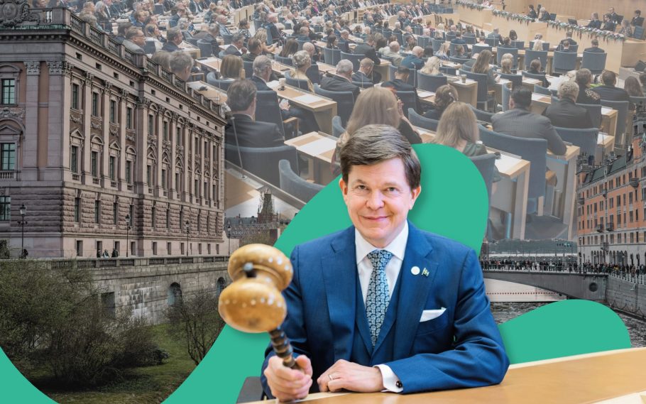 Bildmontage: Riksdagshuset, ledamöter i plenum och talmannen Anders Norlén.